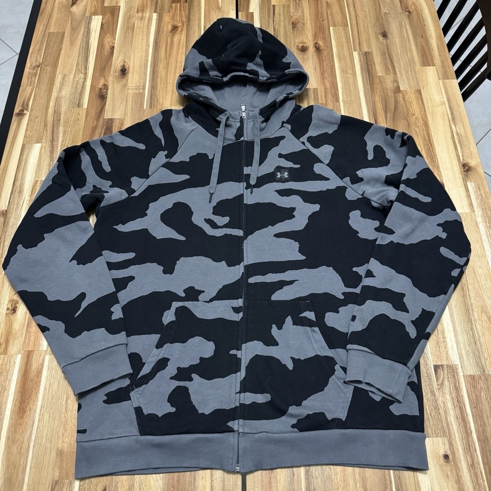 Under Armour Hoodie Mens XL Black Gray Camo Rival Fleece Full Zip Outdoor